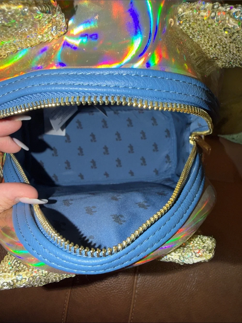 Disney Parks Gold Holographic & Sequin Minnie Mouse Loungefly Backpack with Bow